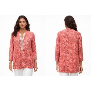 J. McLaughlin Women Striped Popover Blouse Top Pink White Split Neck Size Medium